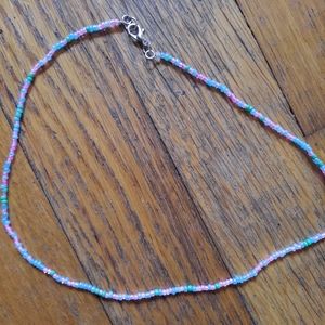 Handmade necklace 17" blue green pink glass beads stainless steel clasp stretch